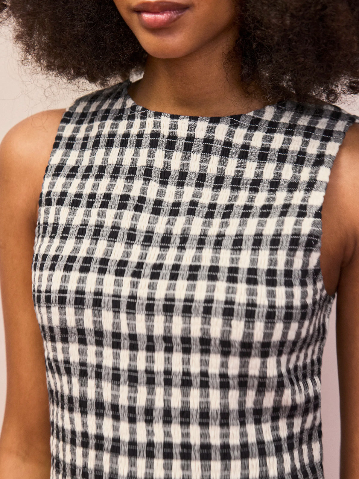 Black and white gingham linen blend dress with shirred texture