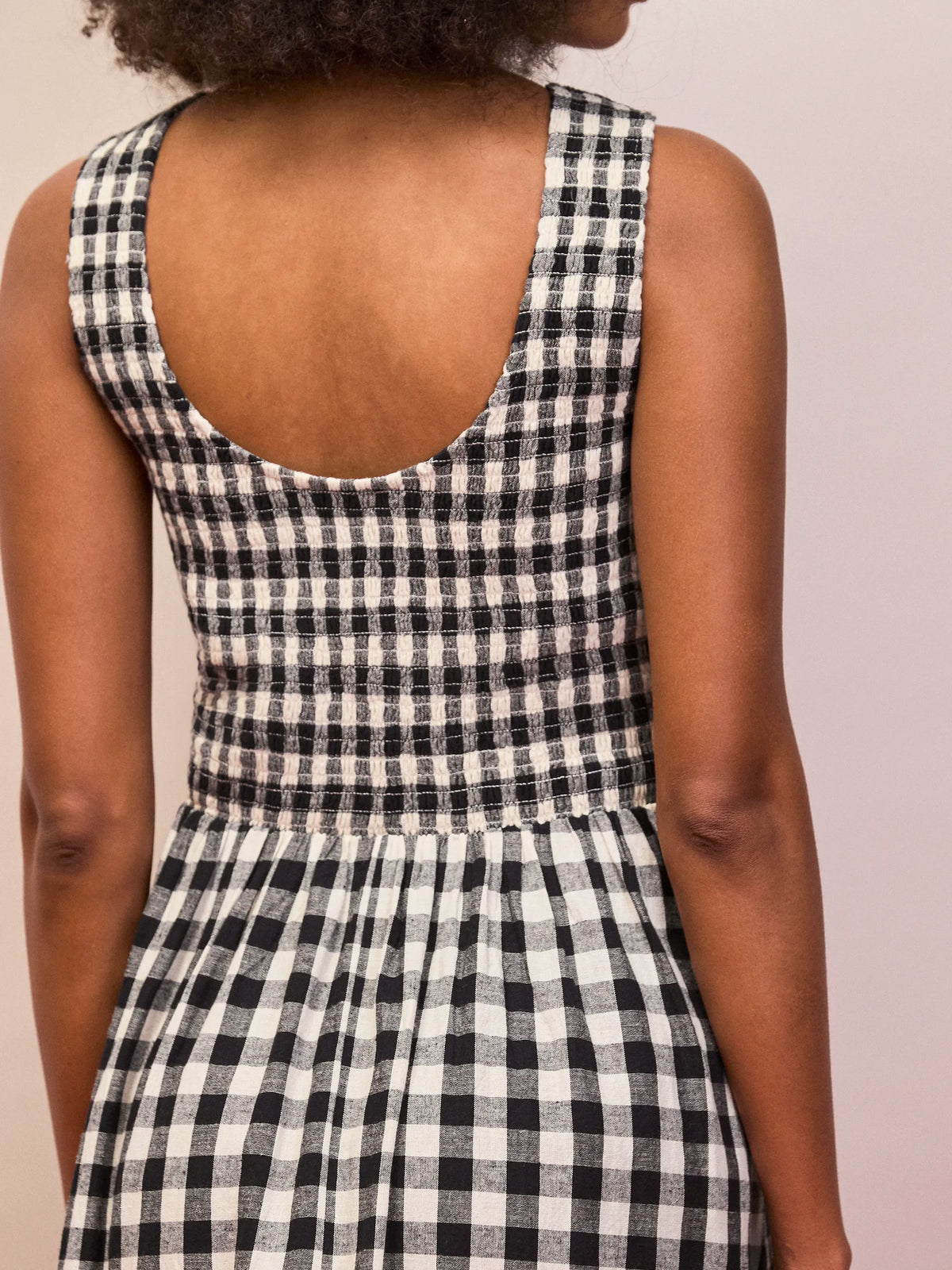 Mono gingham midi dress with shirred back bodice