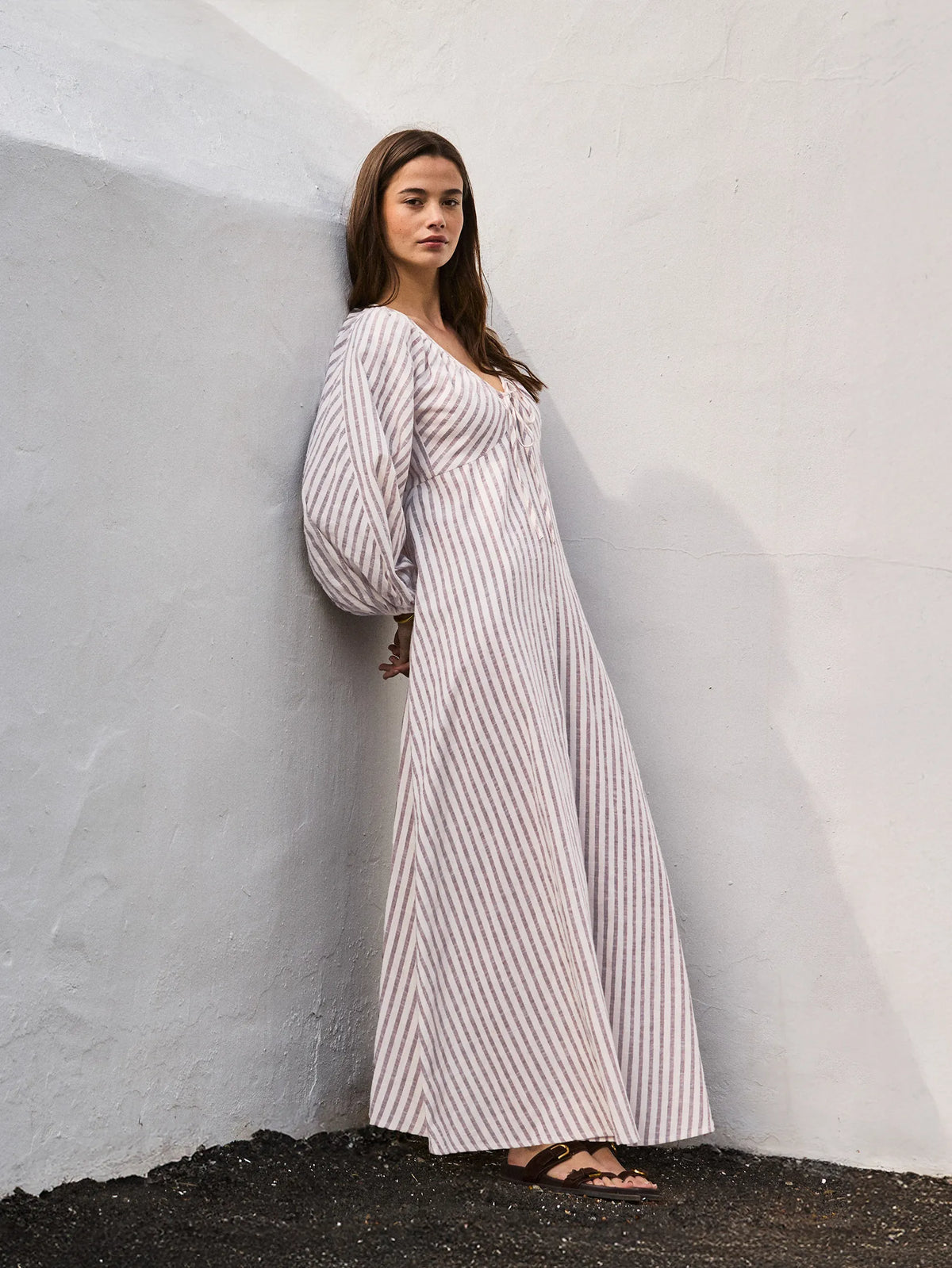 Brown Stripe Cotton Tie Front Dress Resort 