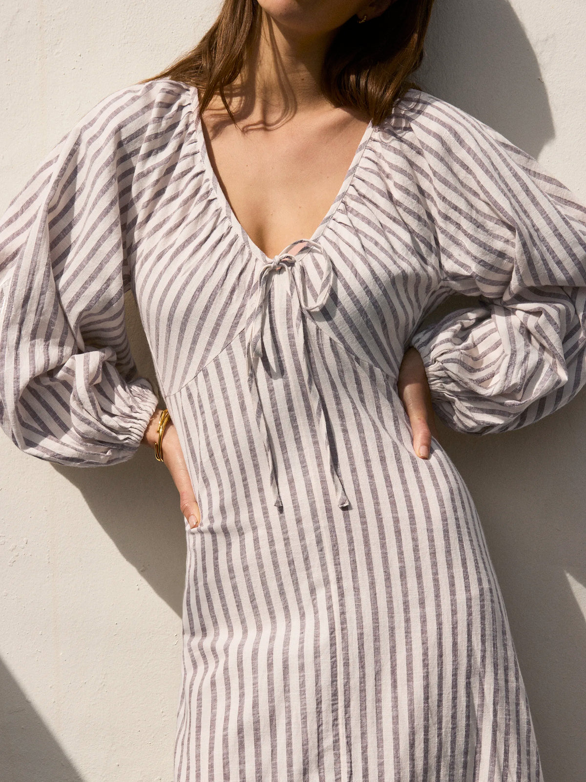 Brown Stripe Cotton Tie Front Dress