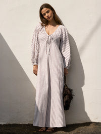 Brown Stripe Cotton Tie Front Dress