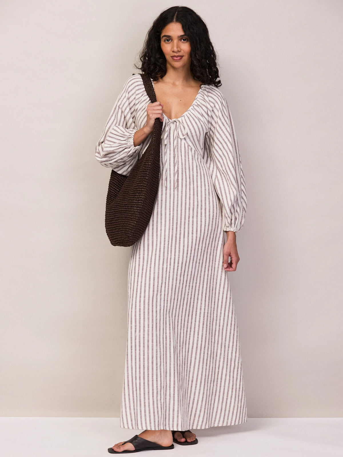 Brown Stripe Cotton Tie Front Dress