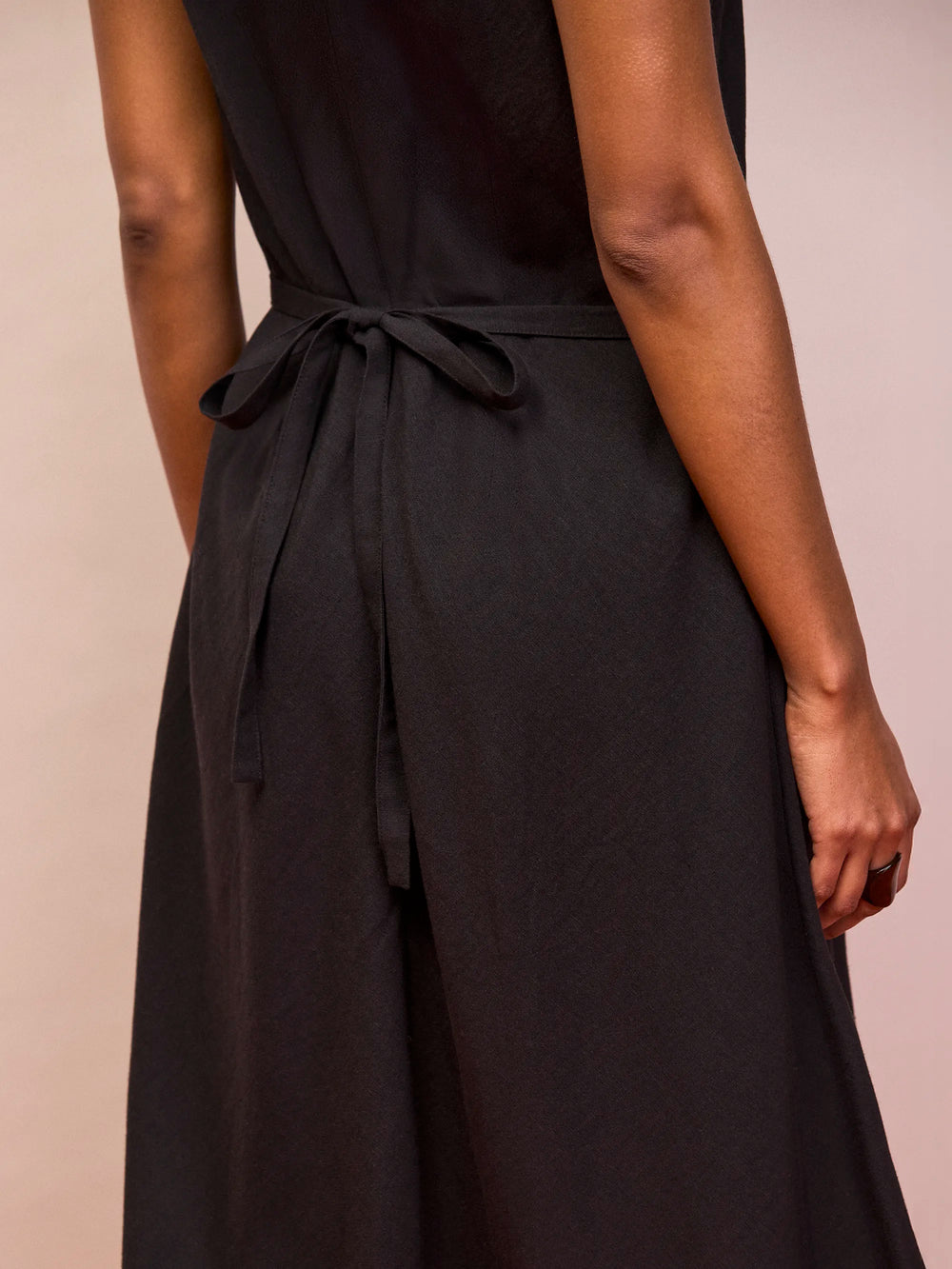 Black Racer-Neck Tie Back Dress With Linen Ro&Zo Black Racer-Neck Tie Back Dress With Linen Ro&Zo