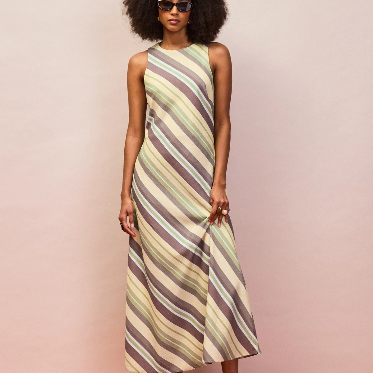 Green Stripe Racer-Neck Tie Back Dress With Linen – Ro&Zo