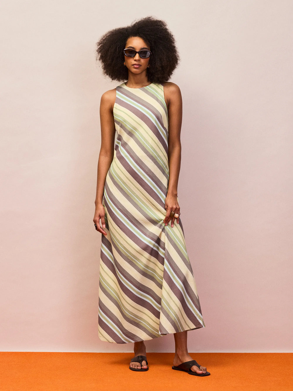 Green Stripe Racer-Neck Tie Back Dress With Linen Ro&Zo Green Stripe Racer-Neck Tie Back Dress With Linen Ro&Zo