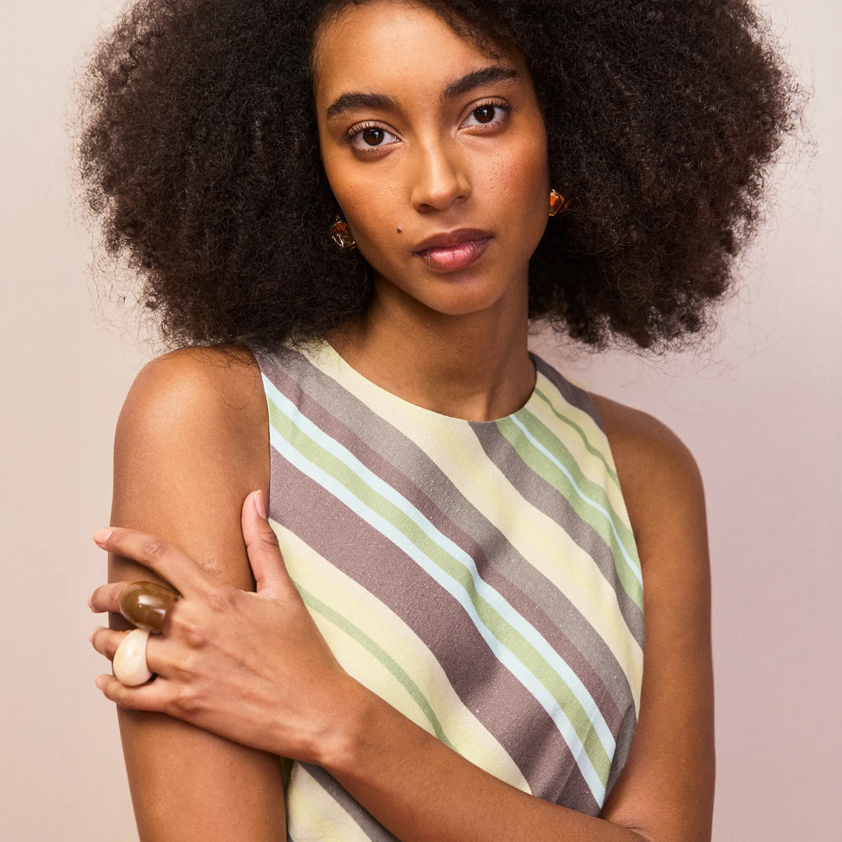 Green Stripe Racer-Neck Tie Back Dress With Linen – Ro&Zo