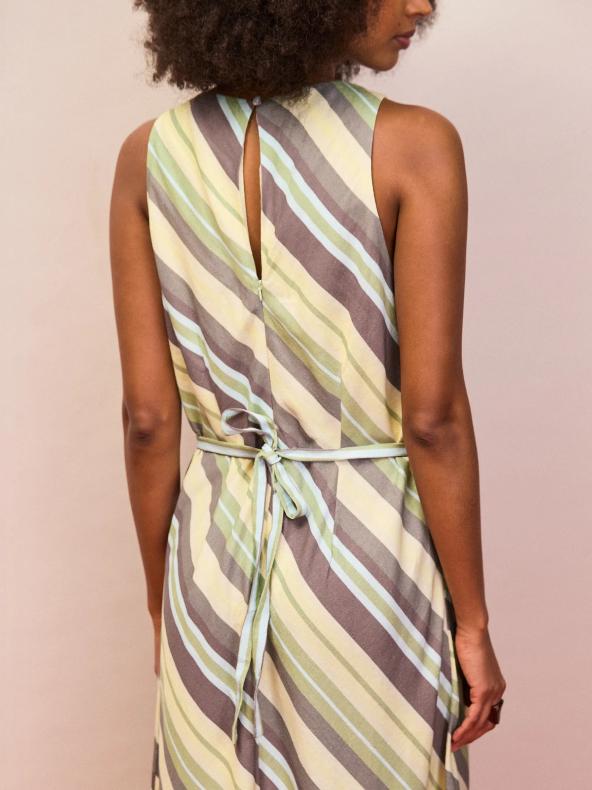 Green stripe racer-neck linen blend midaxi dress with tie back detail