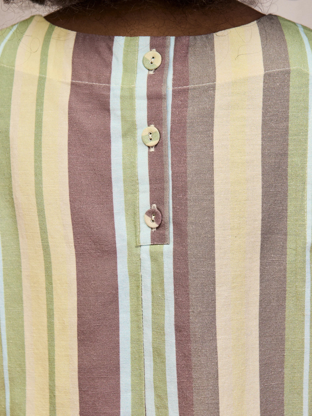 Green stripe linen blend shell top with back button fastening detail