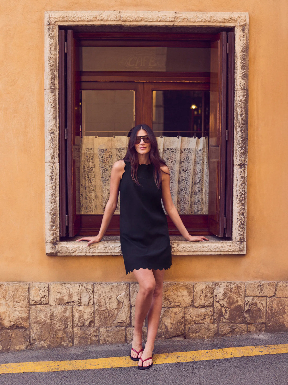 Petite Black Scallop Edge Mini Dress With Linen
