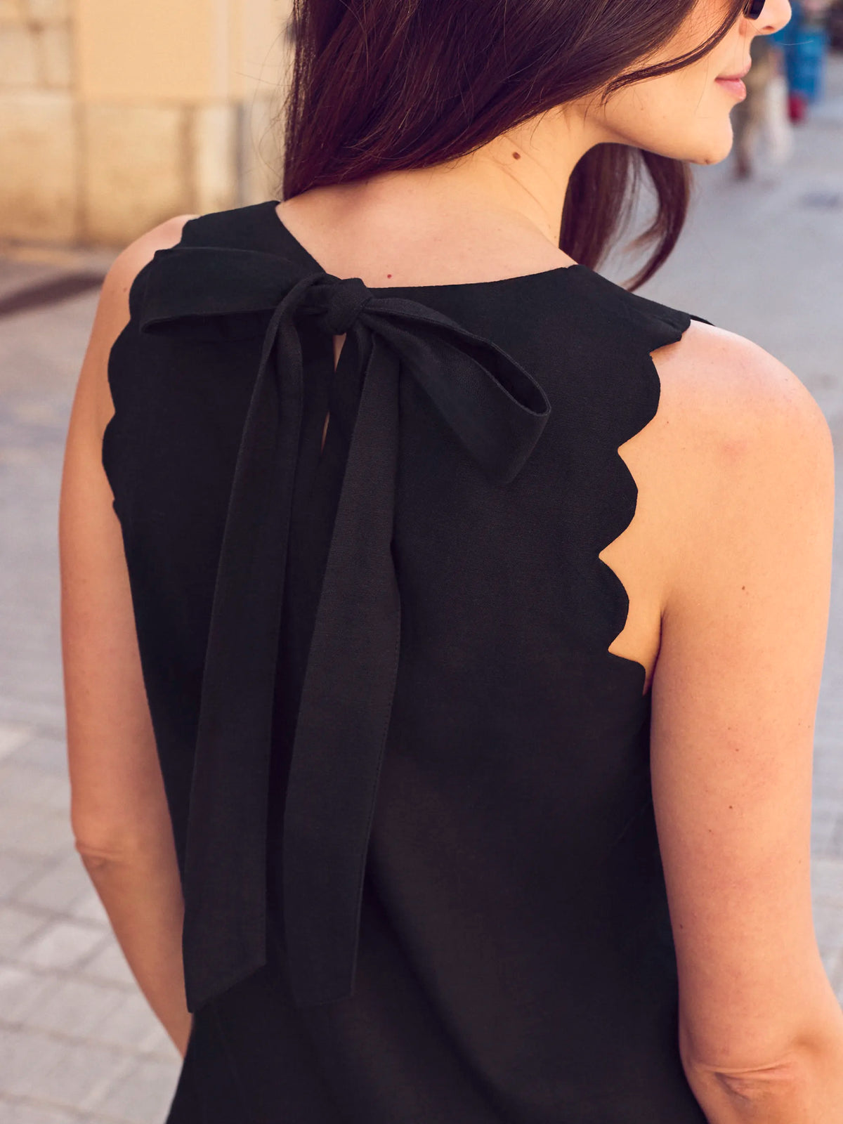 Petite Black Scallop Edge Mini Dress With Linen