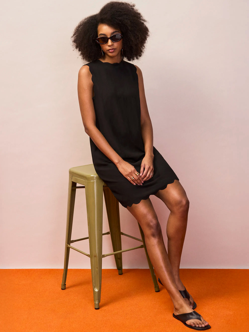 Petite Black Scallop Edge Mini Dress With Linen Ro&Zo Petite Black Scallop Edge Mini Dress With Linen Ro&Zo