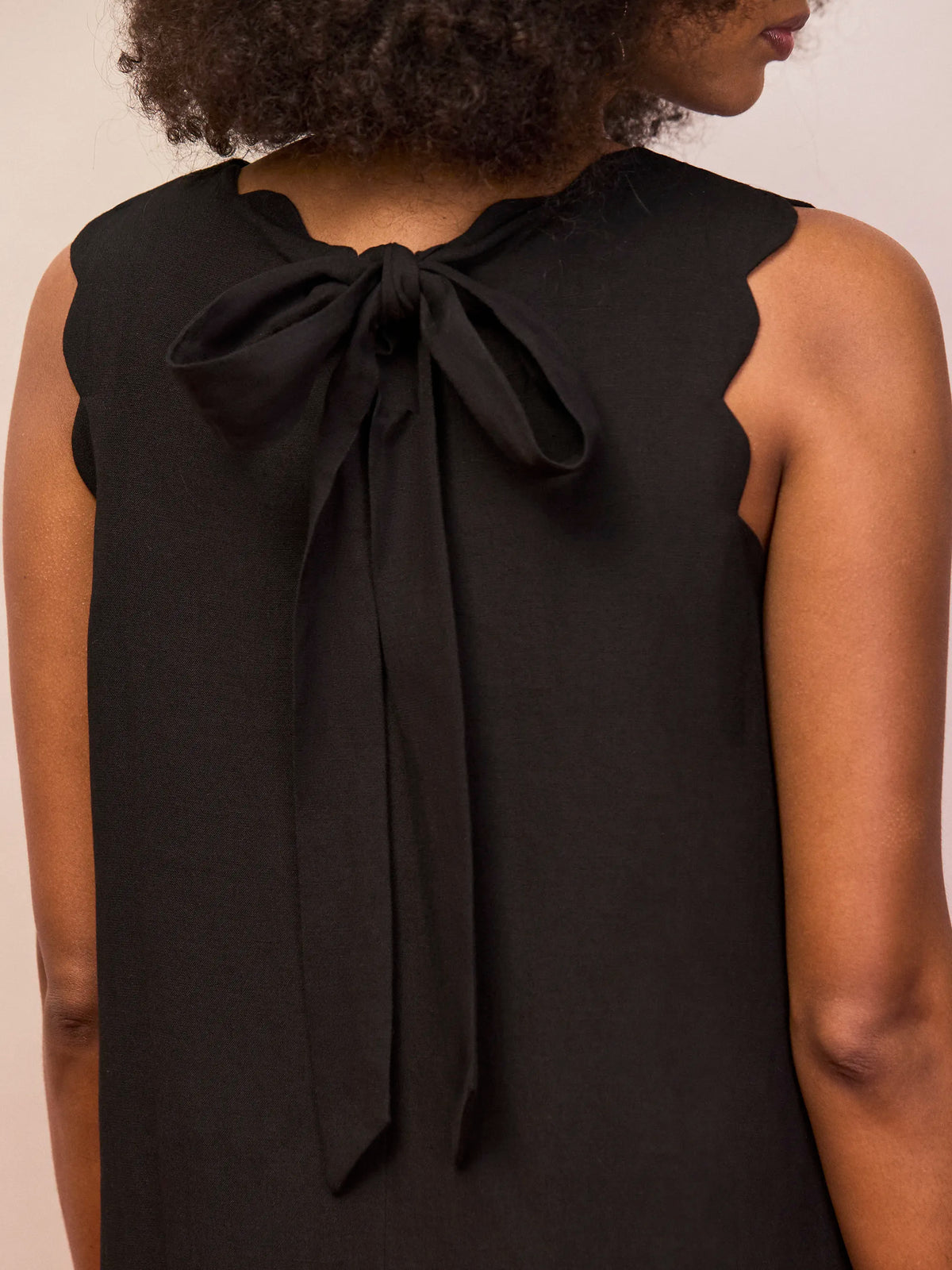 Black Scallop Edge Mini Dress With Linen