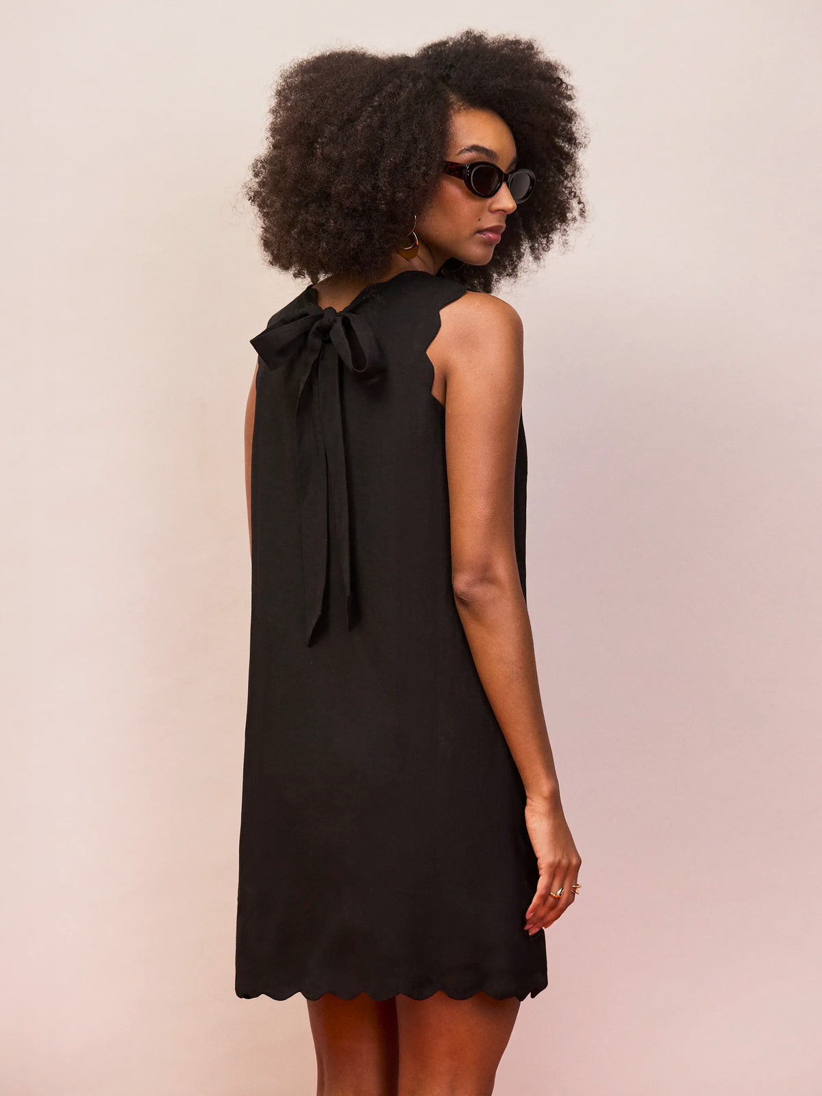 Black Scallop Edge Mini Dress With Linen