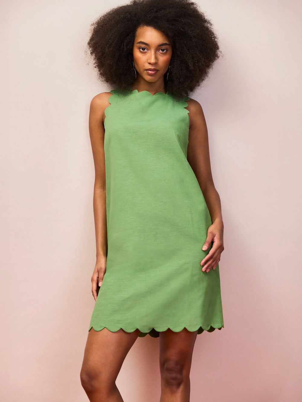 Green Scallop Edge Mini Dress With Linen – Ro&Zo