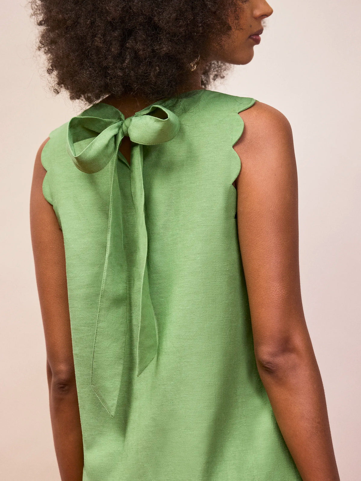Green Scallop Edge Mini Dress With Linen