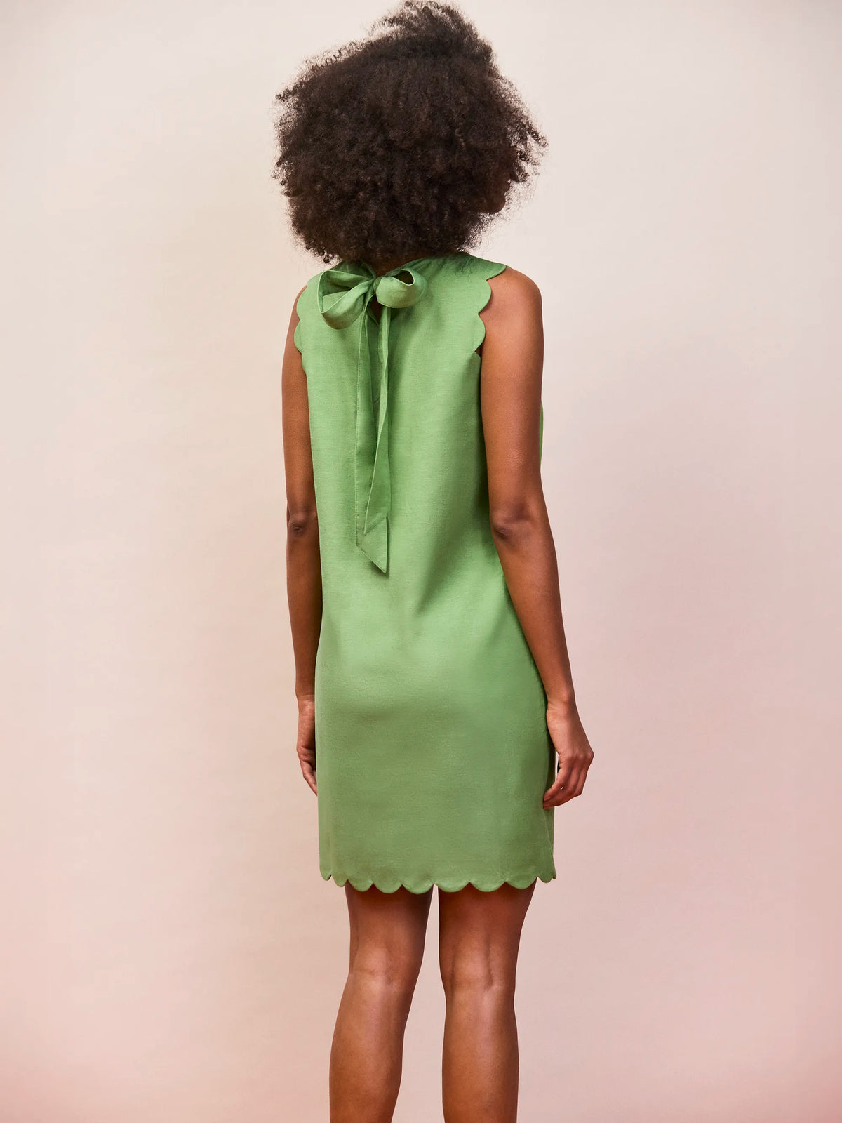 Green Scallop Edge Mini Dress With Linen