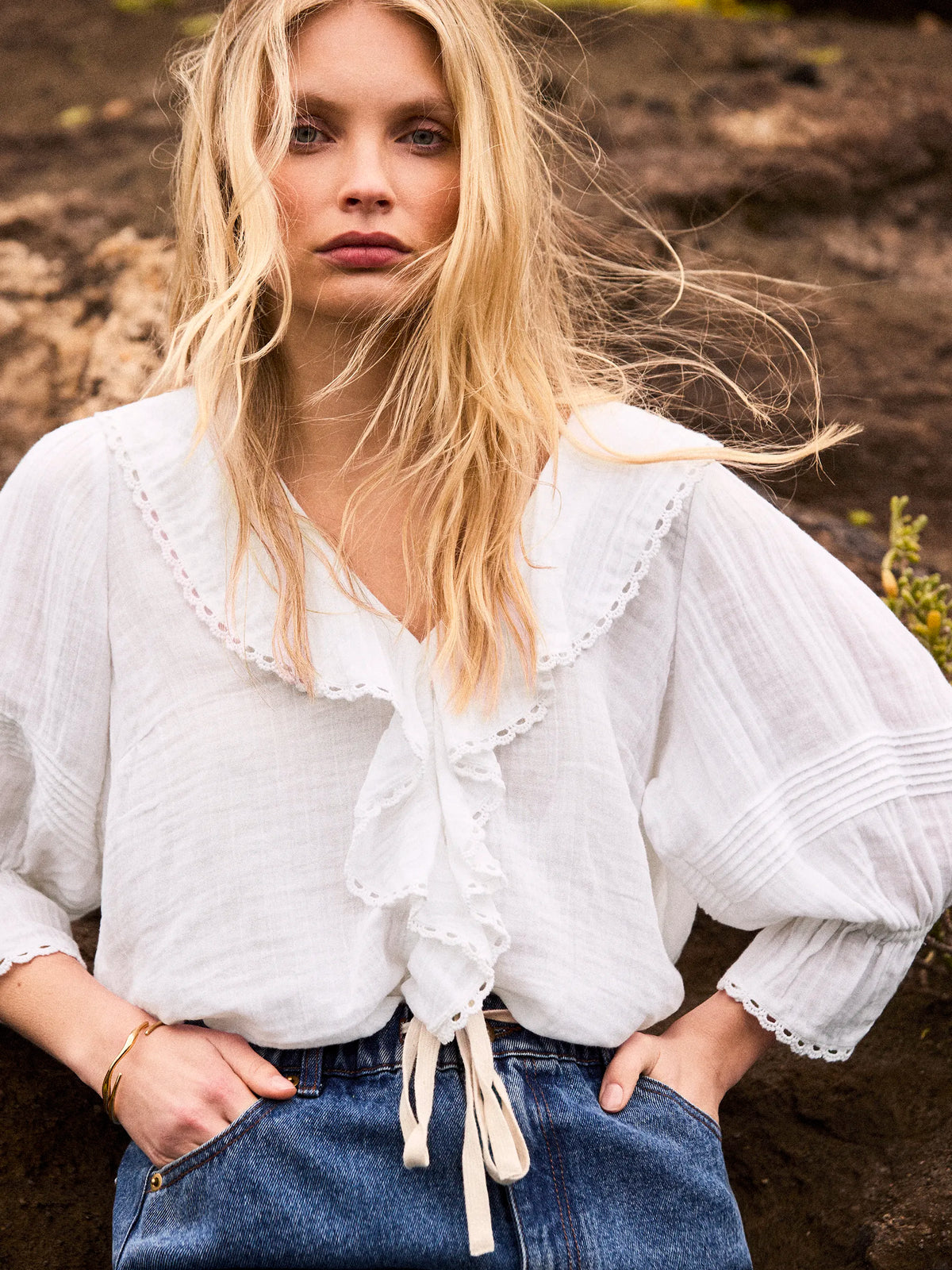 Ivory Cheesecloth Ruffle-Front Blouse