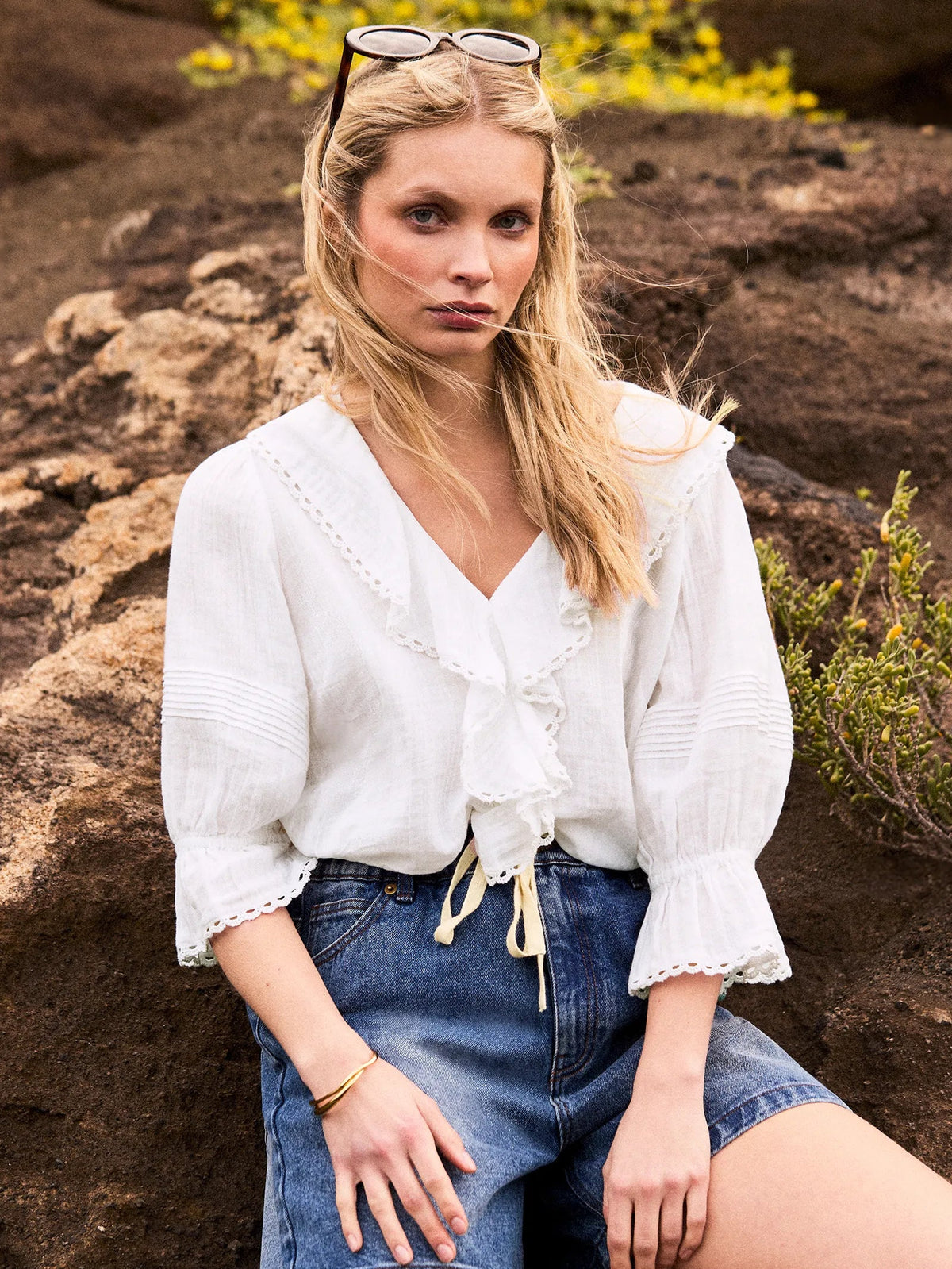 Ivory Cheesecloth Ruffle-Front Blouse