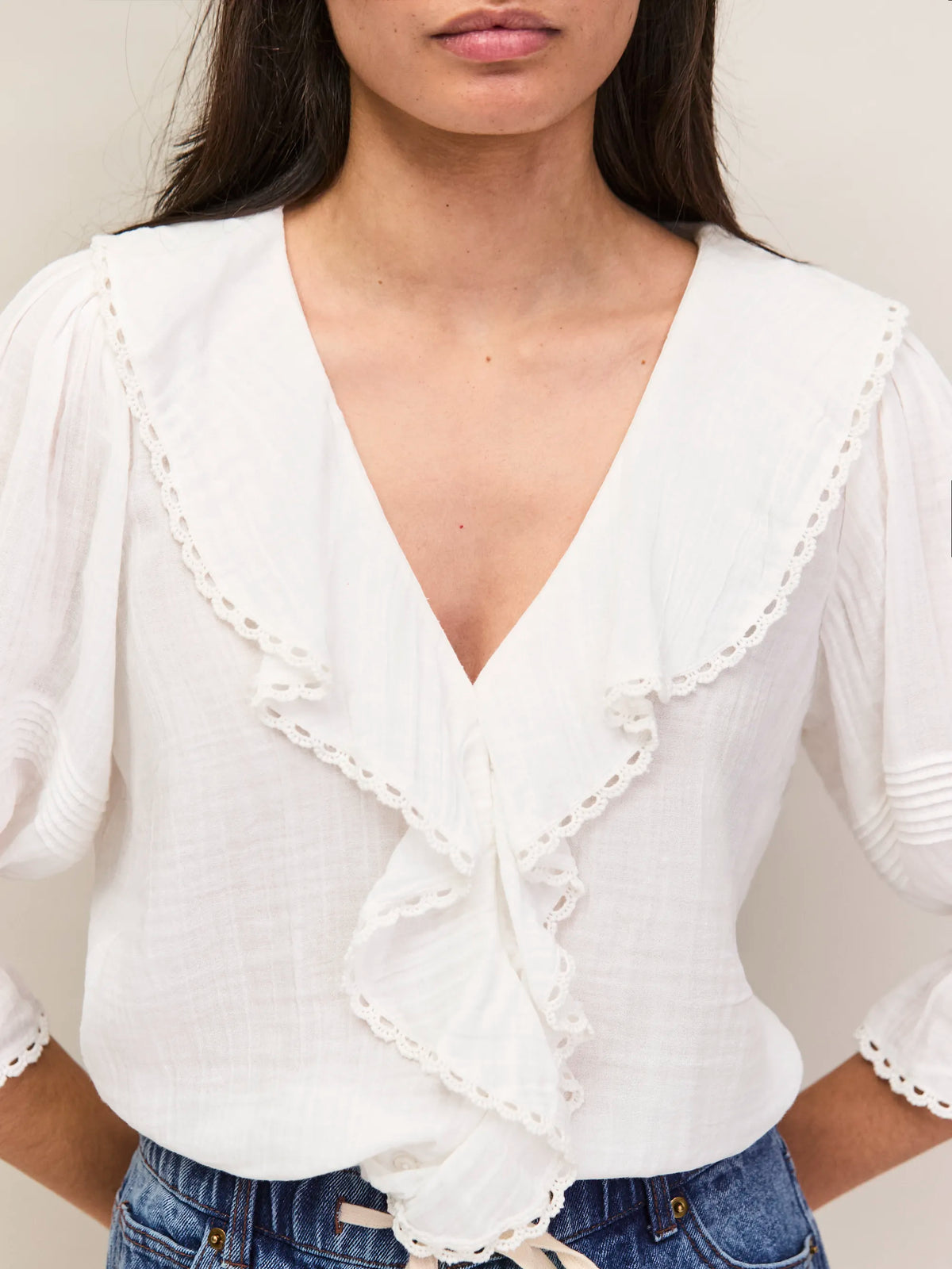 Ivory Cheesecloth Ruffle-Front Blouse