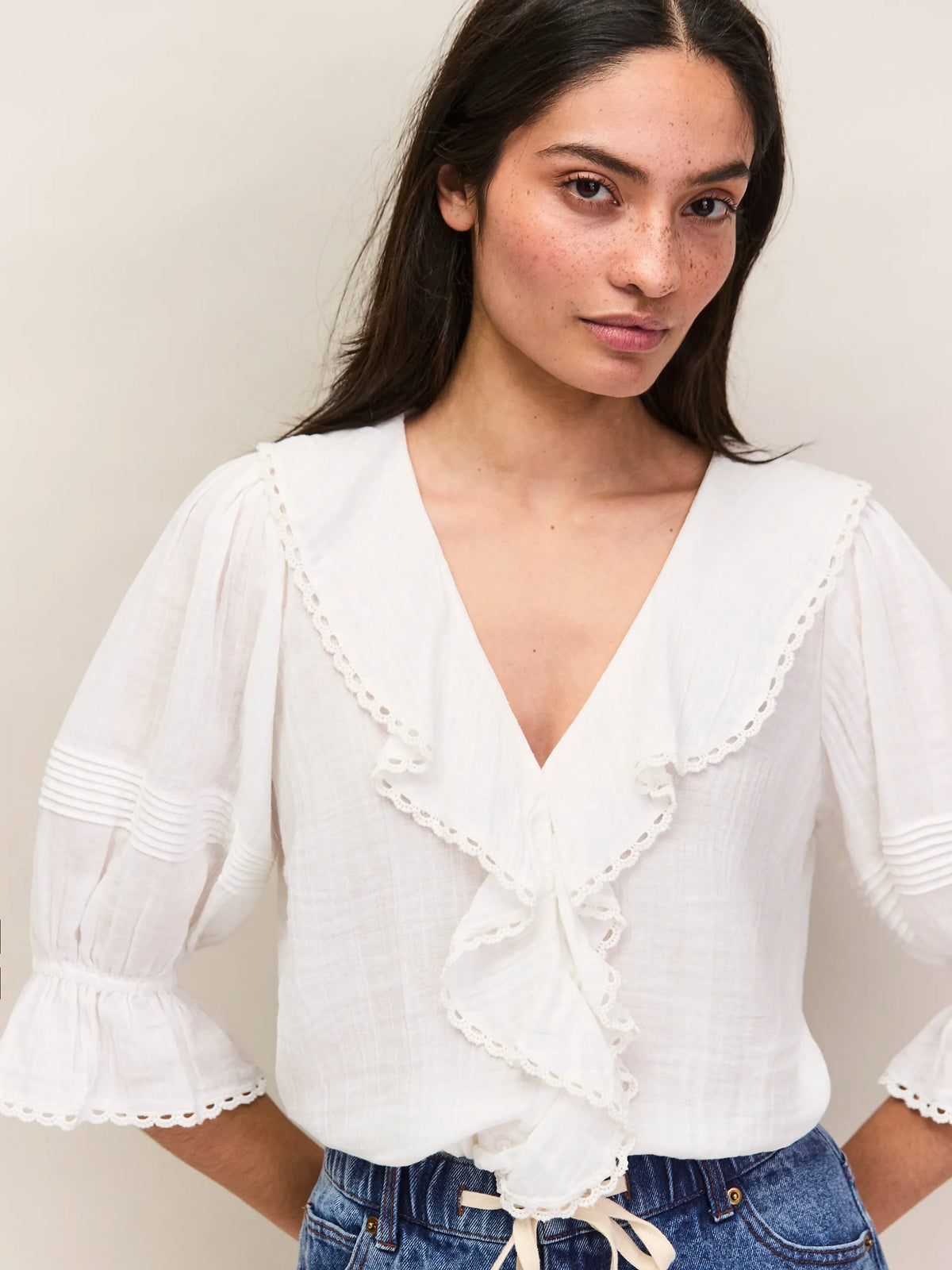 Ivory Cheesecloth Ruffle-Front Blouse