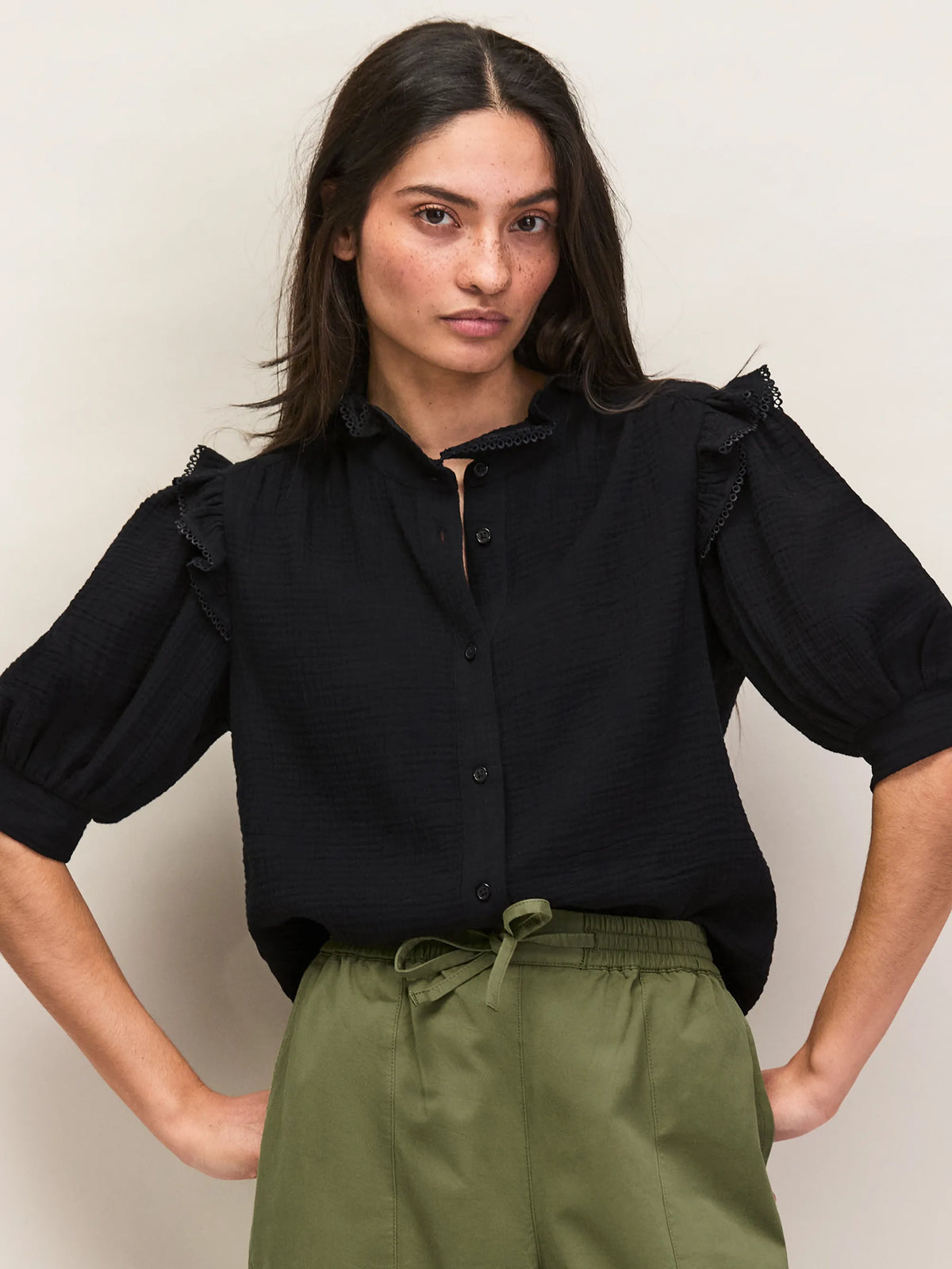 Black Cheesecloth Frill Short Sleeve Shirt
