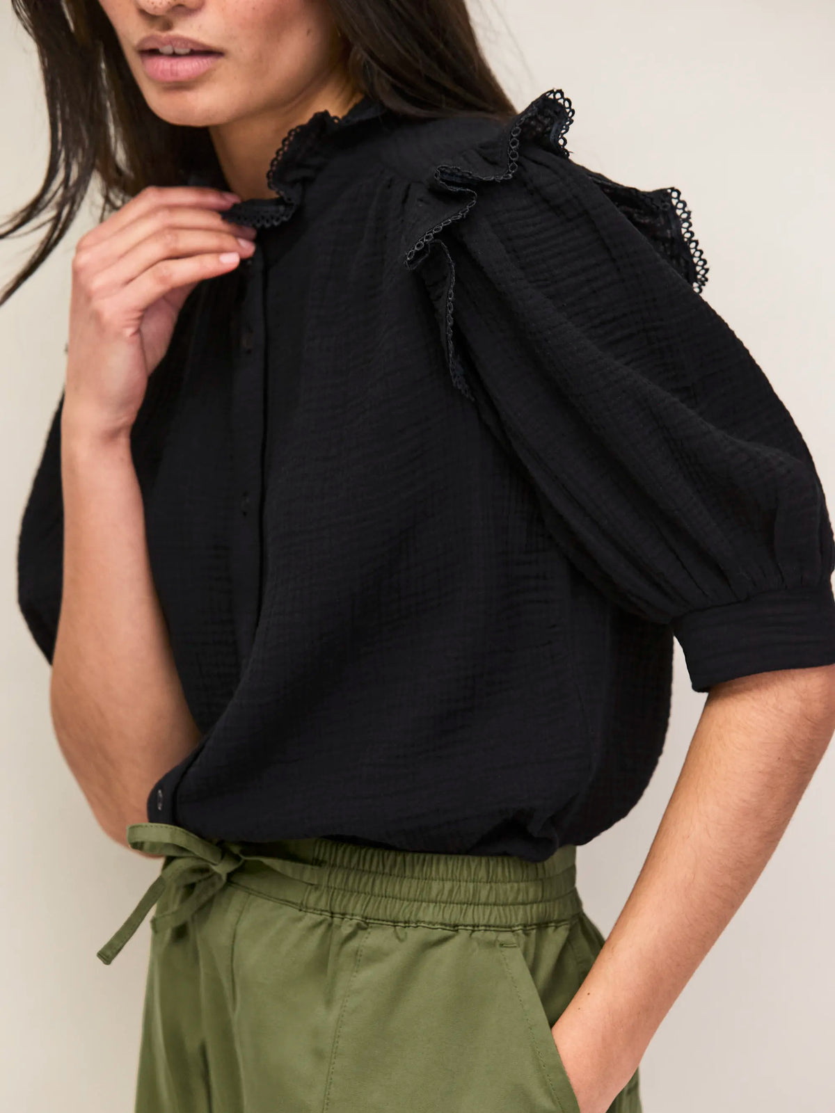 Black Cheesecloth Frill Short Sleeve Shirt