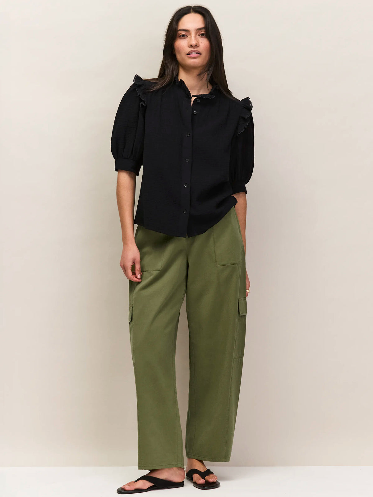 Black Cheesecloth Frill Short Sleeve Shirt