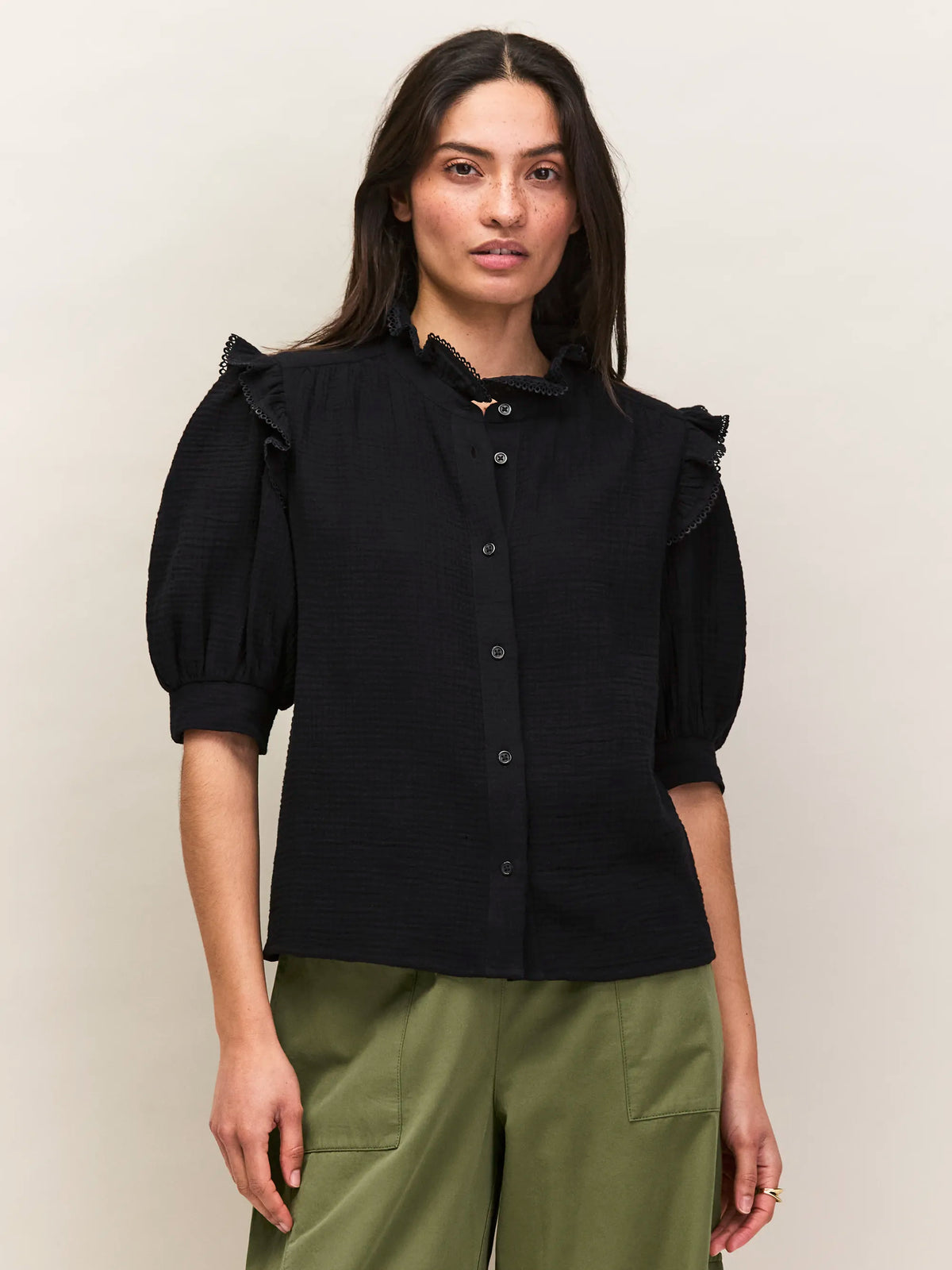 Black Cheesecloth Frill Short Sleeve Shirt