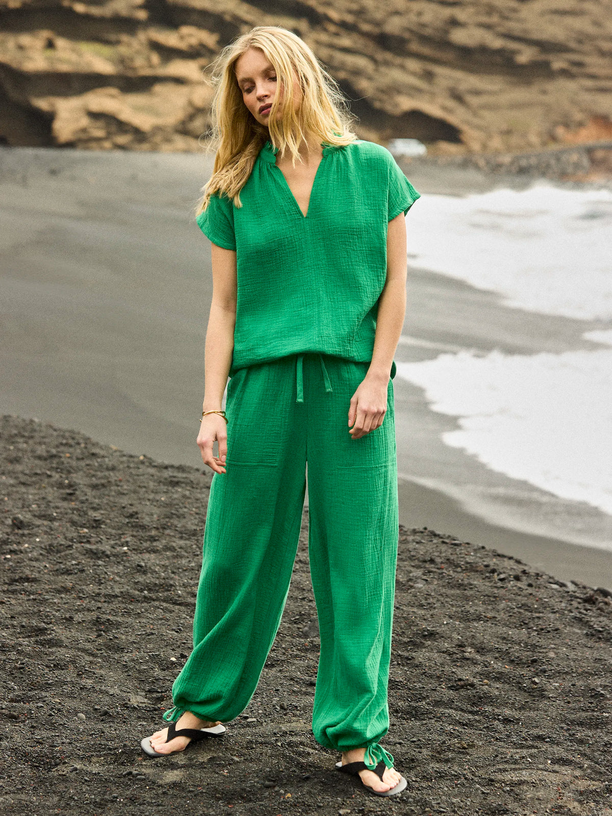 Green Frill Neck Cheesecloth Top