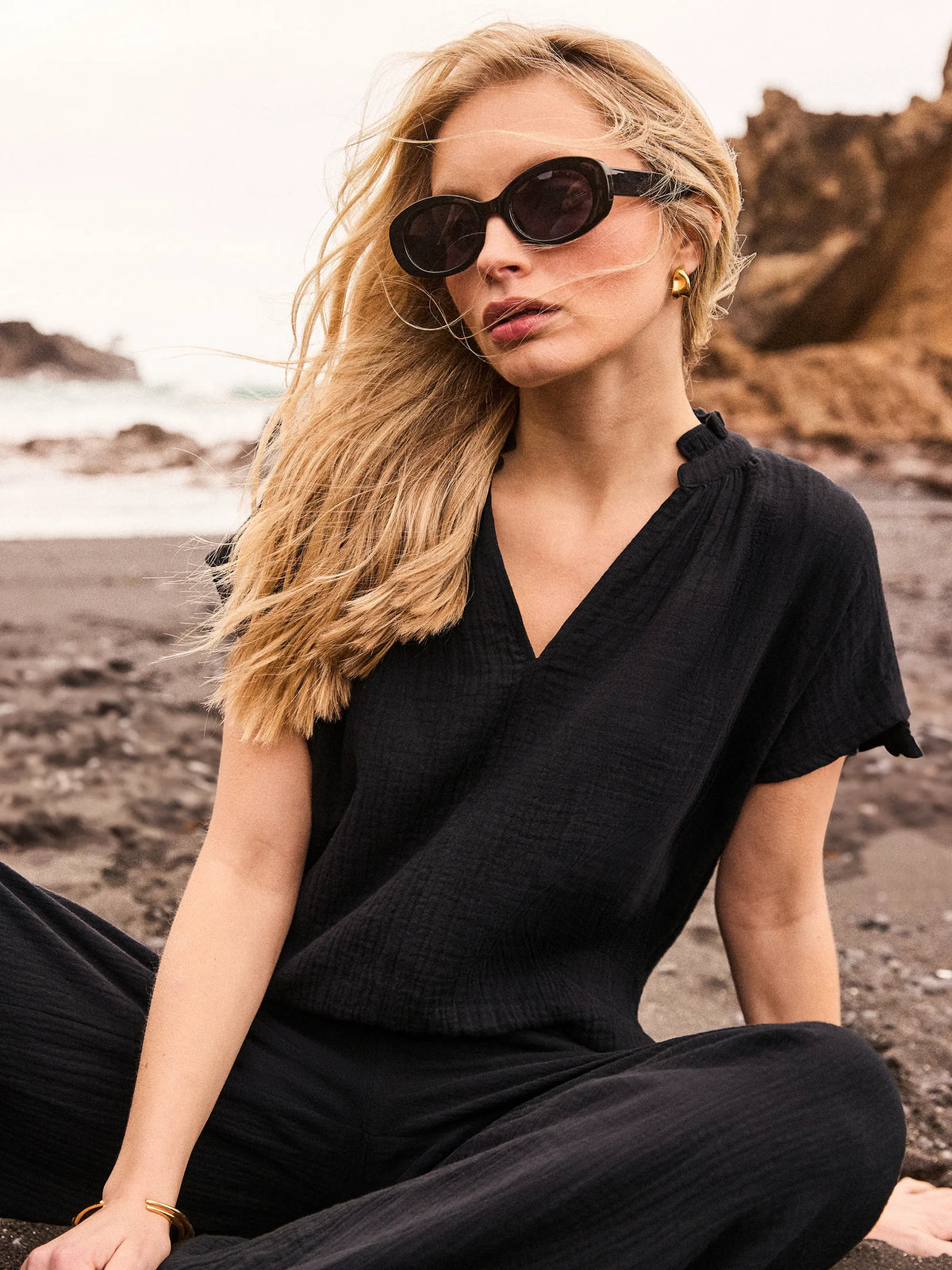 Black Frill Neck Cheesecloth Top Cotton Resort