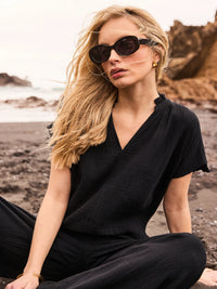 Black Frill Neck Cheesecloth Top Cotton Resort