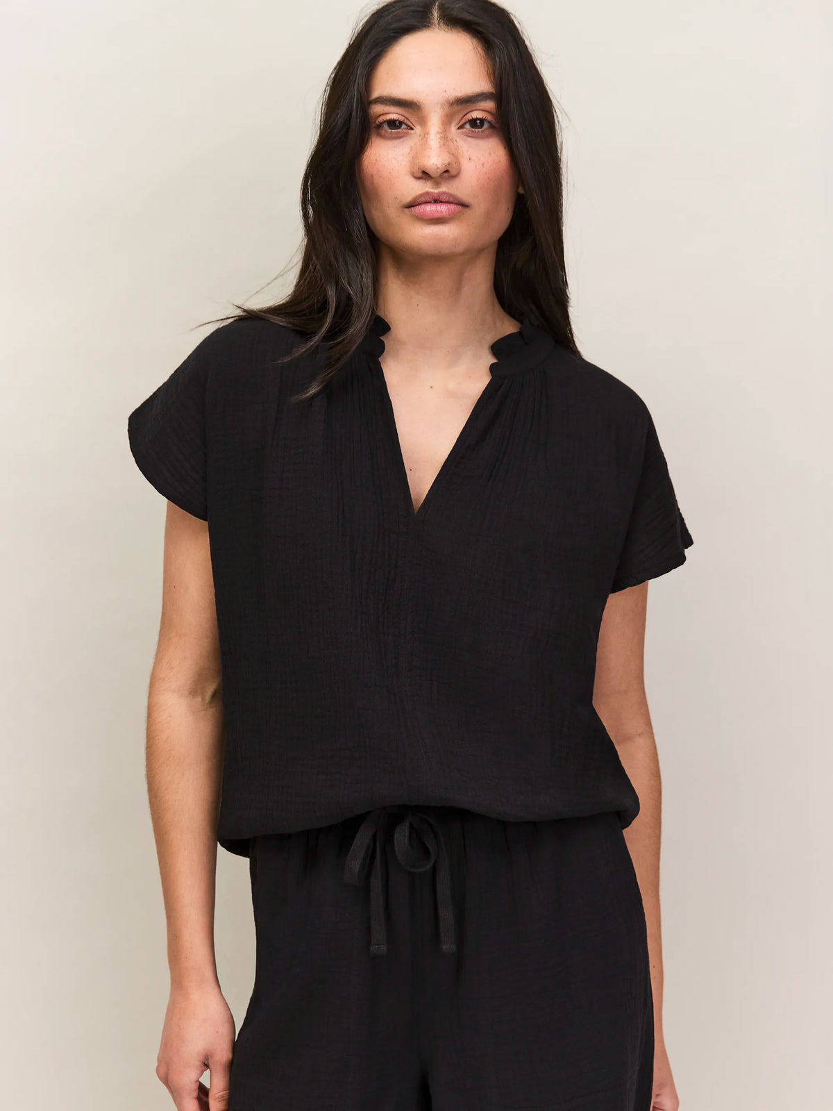 Black Frill Neck Cheesecloth Top Cotton Resort