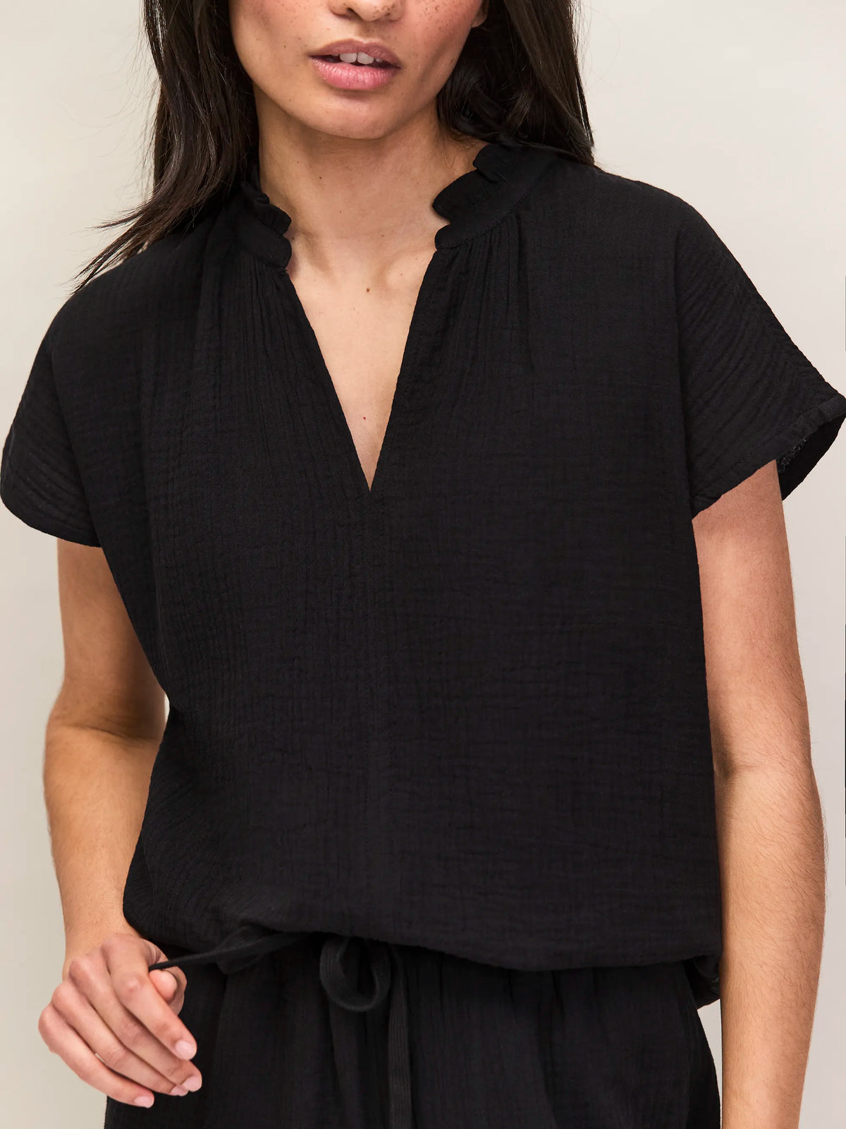 Black Frill Neck Cheesecloth Top Cotton Resort