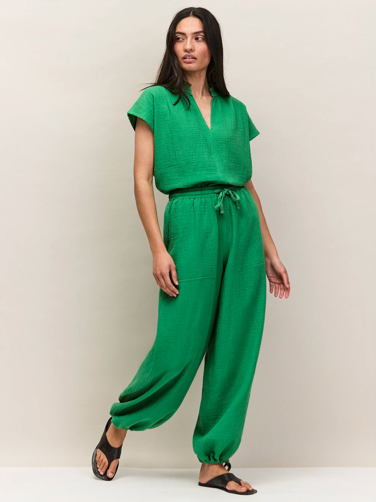 Green Cheesecloth Drawstring Cuff Trousers