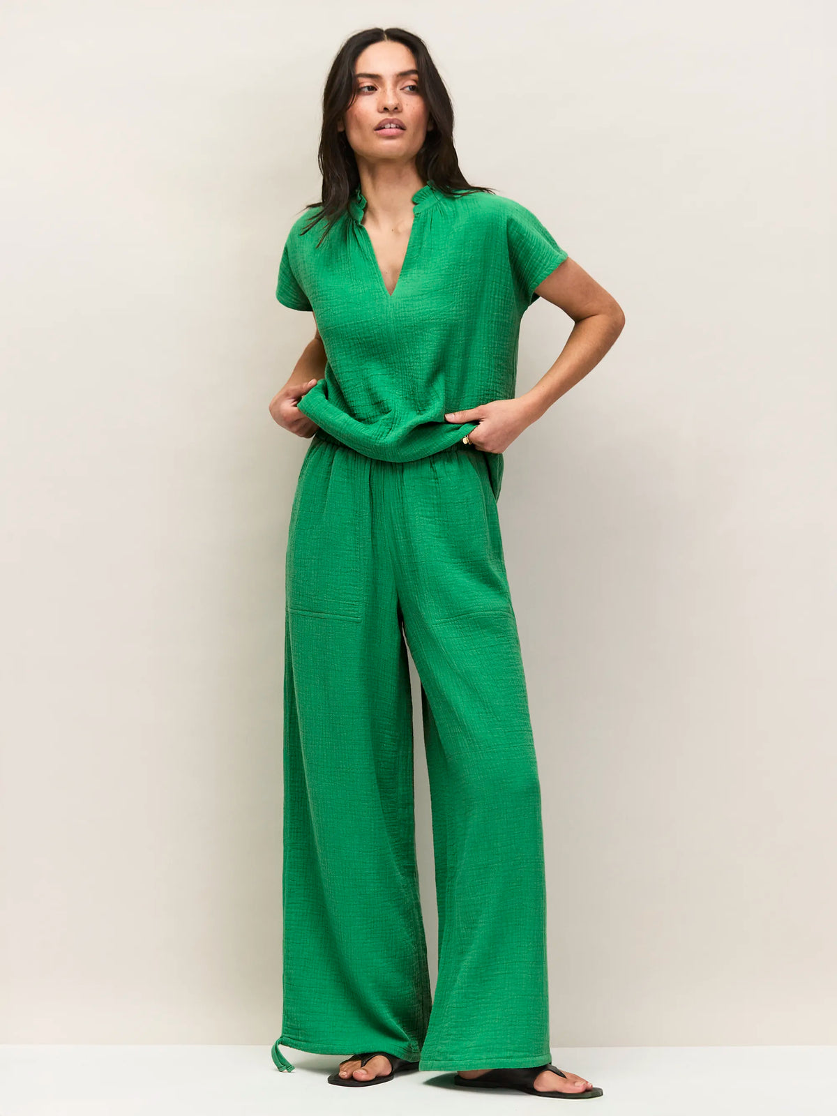 Green Cheesecloth Drawstring Cuff Trousers