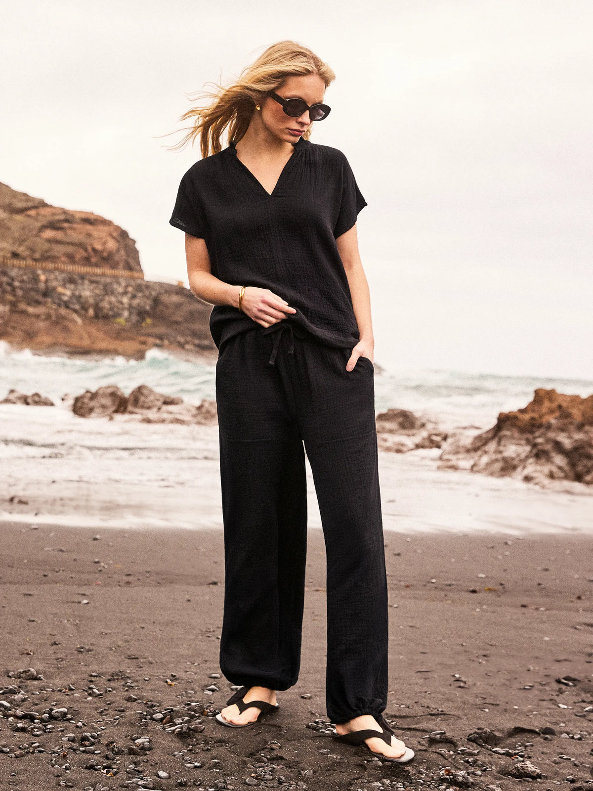 Black Cheesecloth Drawstring Cuff Trousers Cotton Resort