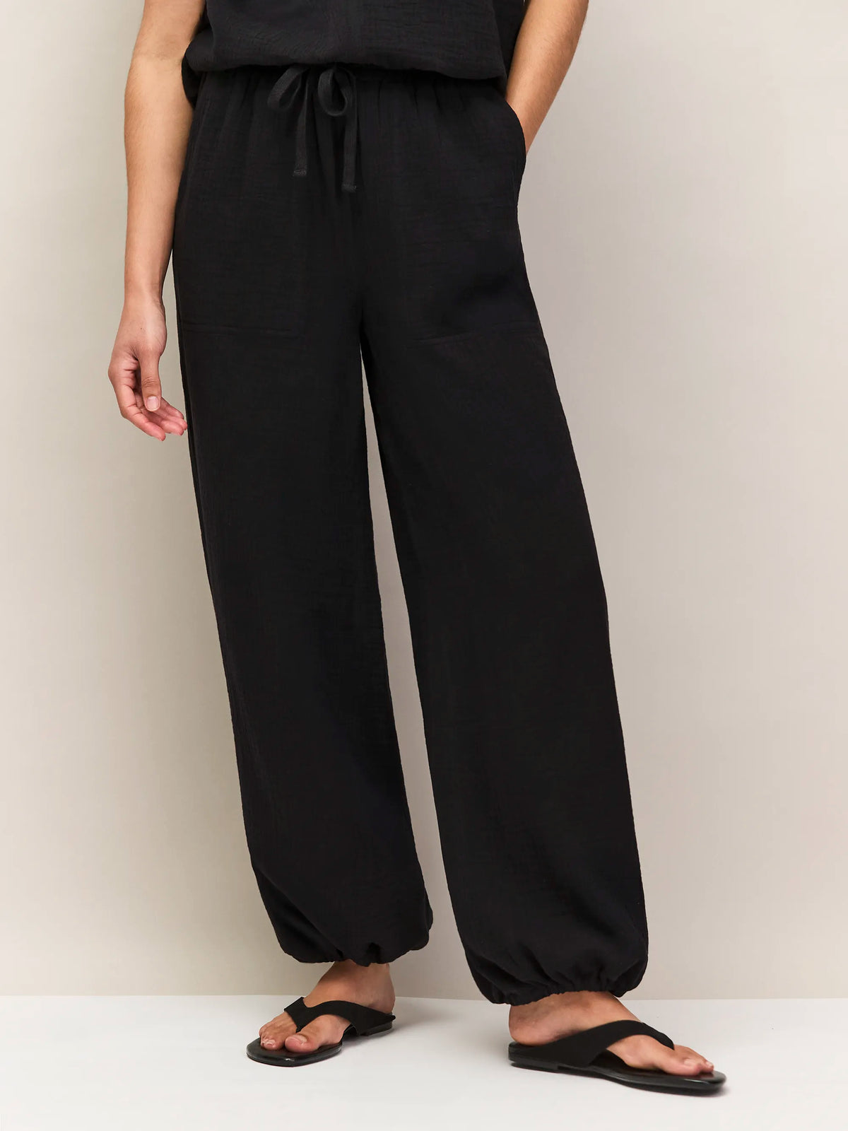 Black Cheesecloth Drawstring Cuff Trousers Cotton Resort