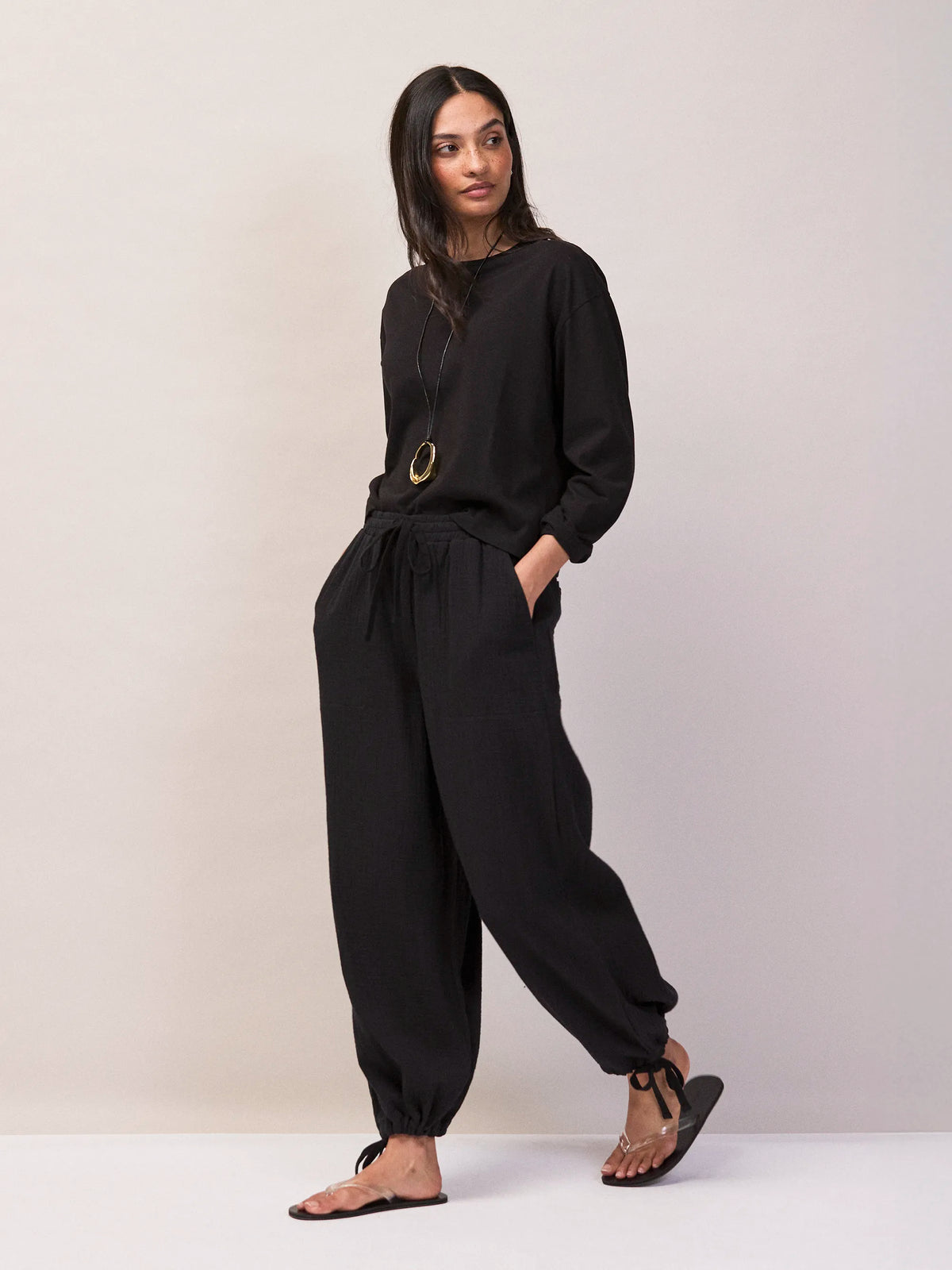 Petite Black Cheesecloth Drawstring Cuff Trousers
