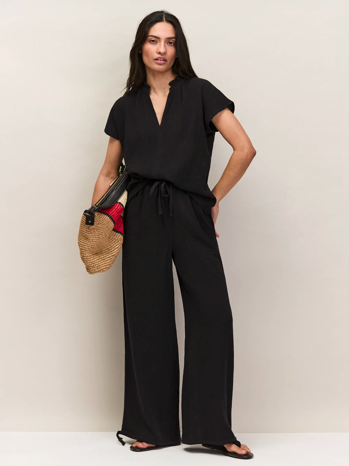 Black Cheesecloth Drawstring Cuff Trousers Cotton Resort