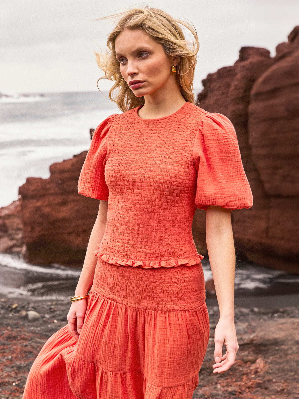 Coral Cheesecloth Shirred Top Co-ord resort wear