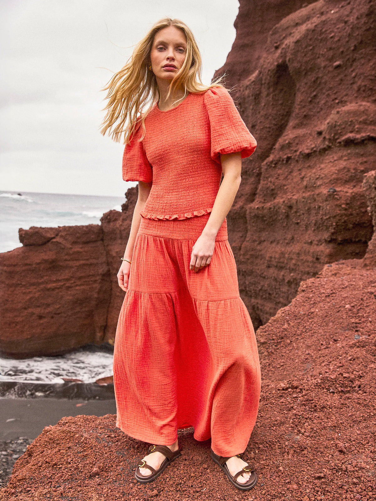 Coral Cheesecloth Shirred Top Co-ord resort wear