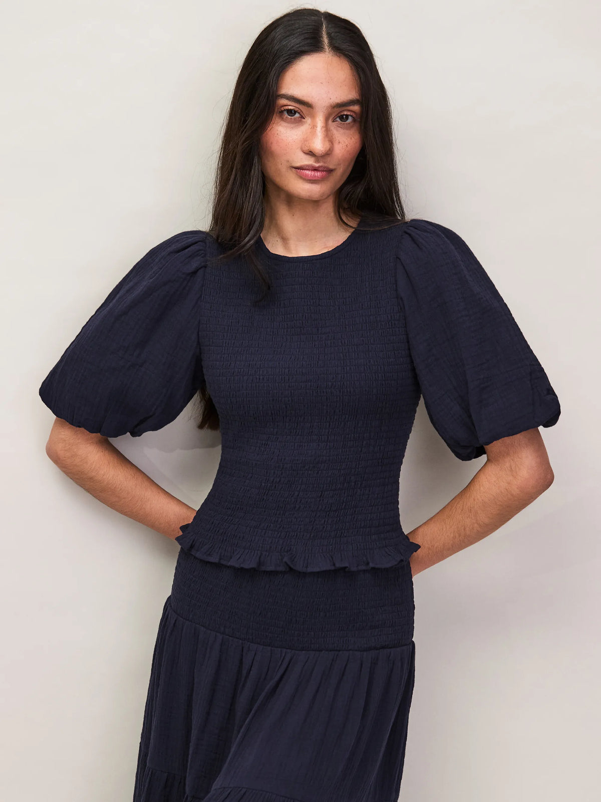 Navy Cheesecloth Shirred Top