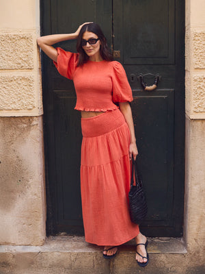 Coral Cheesecloth Shirred Waistband Skirt