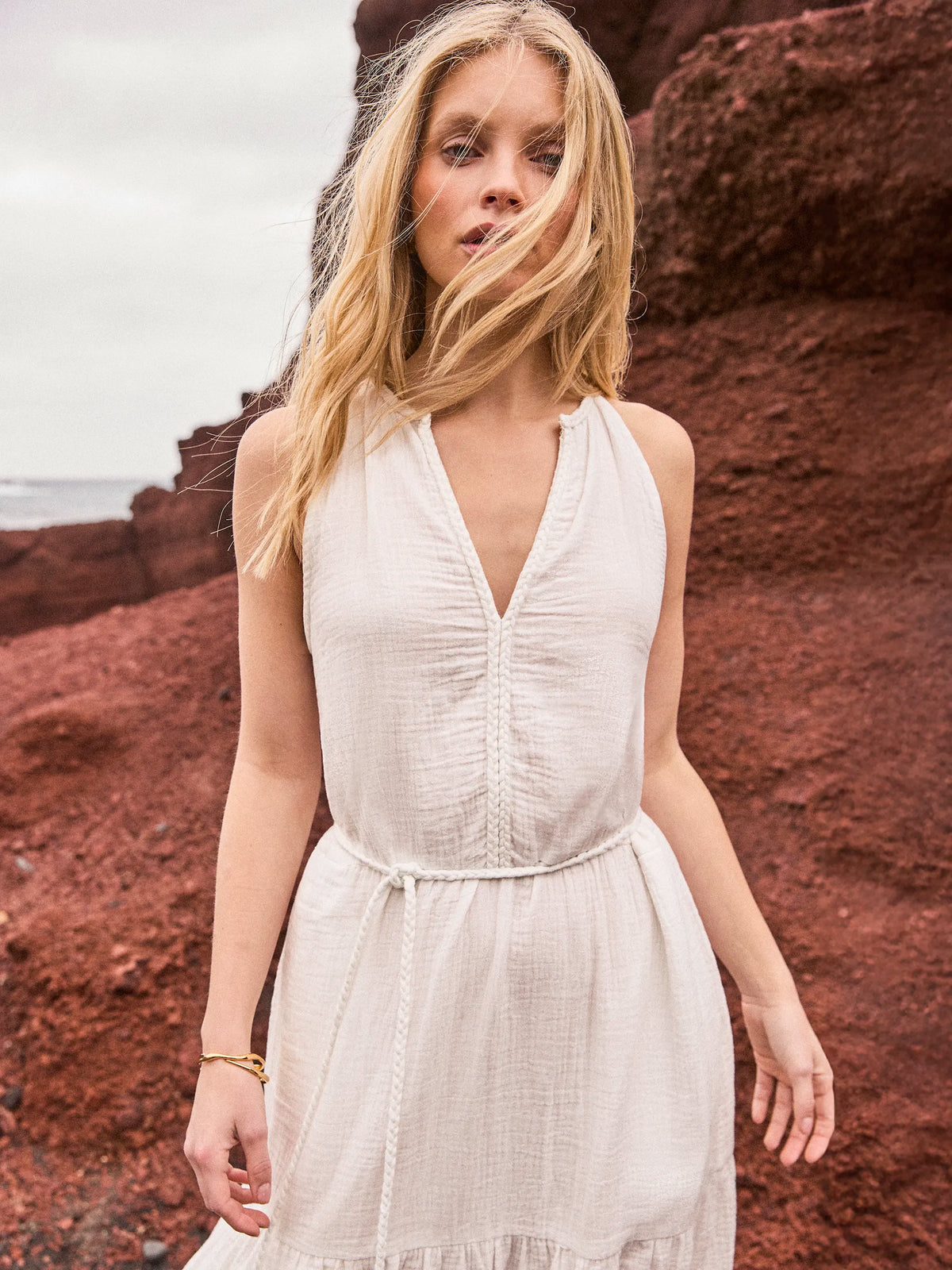 Ivory Cheesecloth Rope Belt Dress Resort