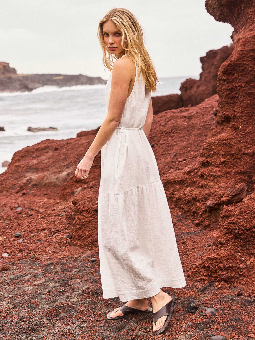 white maxi dress with brown belt Beautiful White Maxi Slit Dress With Gold Belt | Color: Gold/White | Size: S
