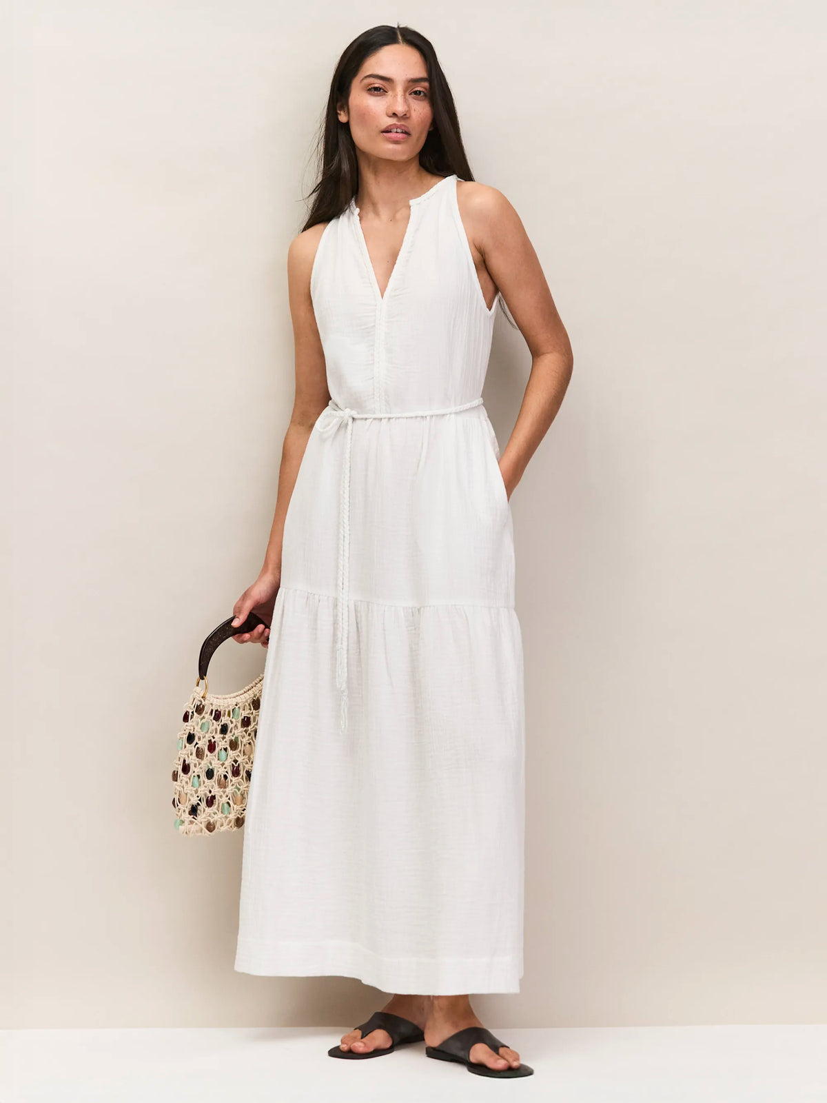 Ivory Cheesecloth Rope Belt Dress Resort
