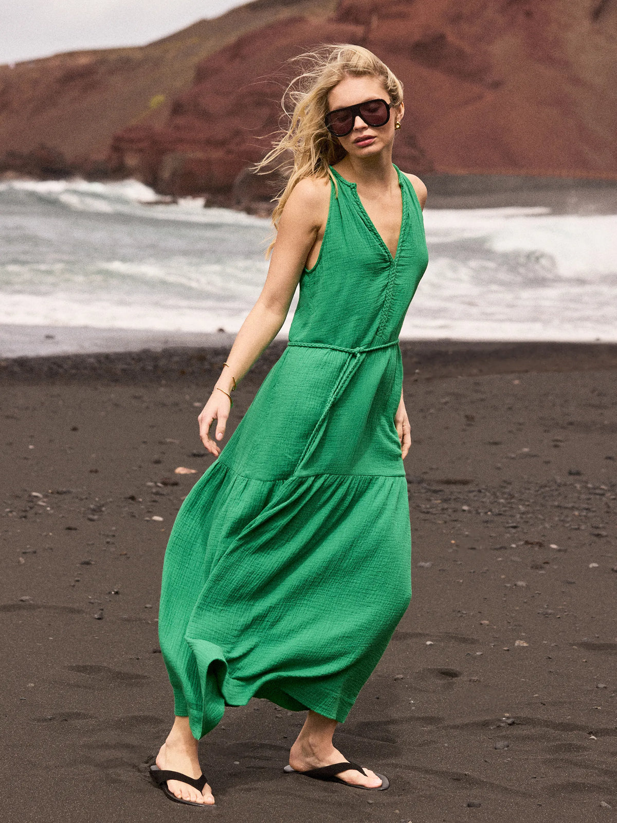 Green Cheesecloth Rope Belt Dress Resort