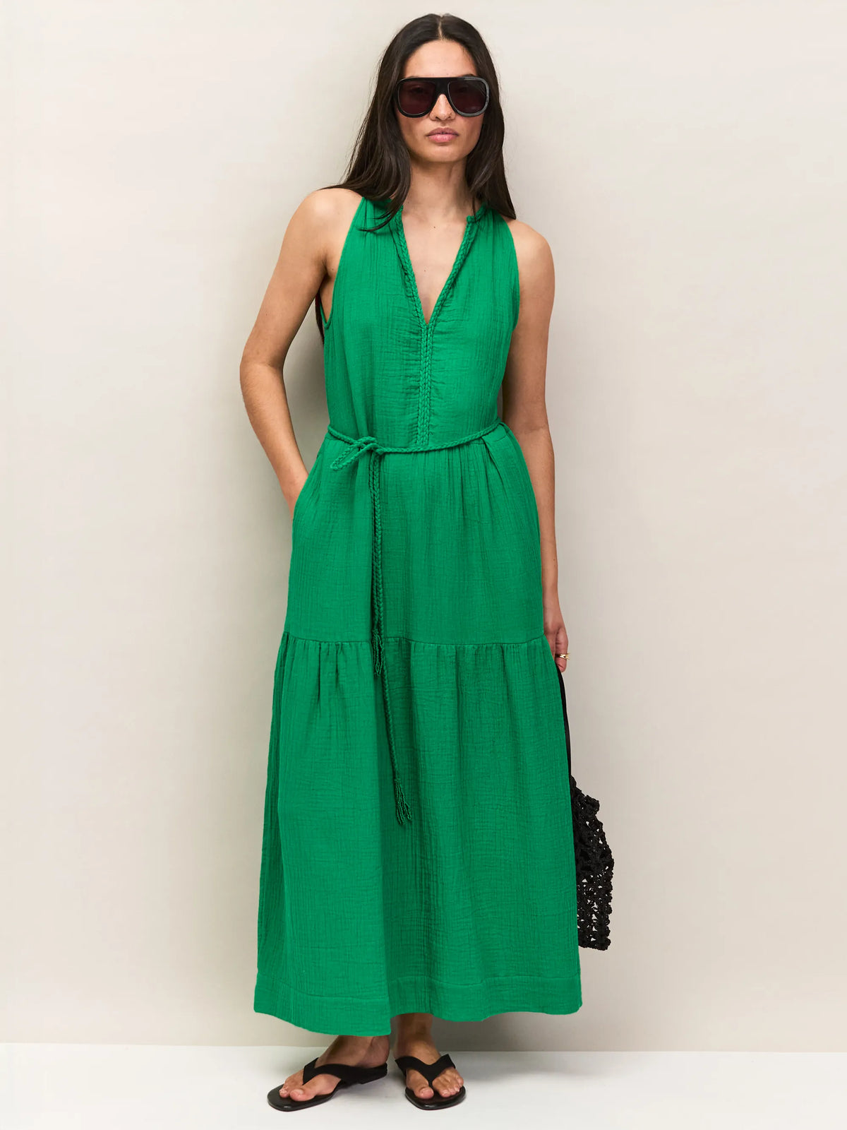 Green Cheesecloth Rope Belt Dress Resort