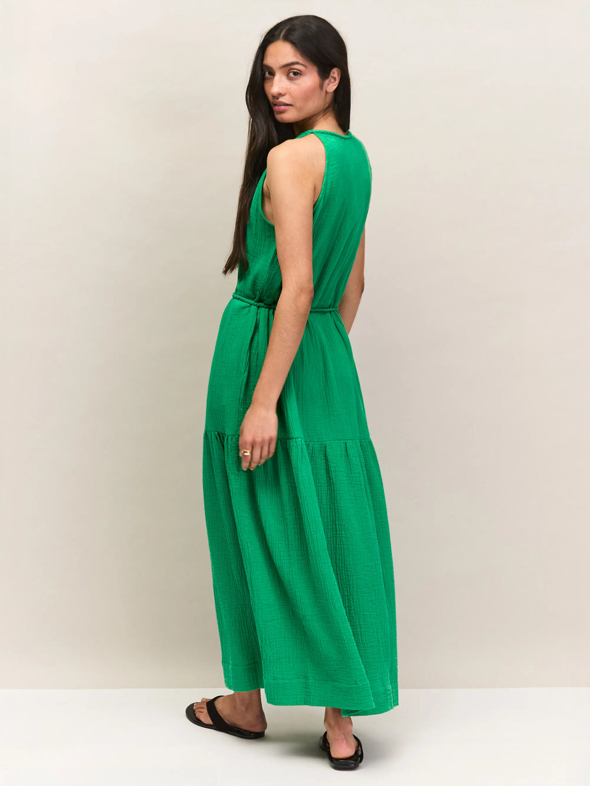 Green Cheesecloth Rope Belt Dress Resort