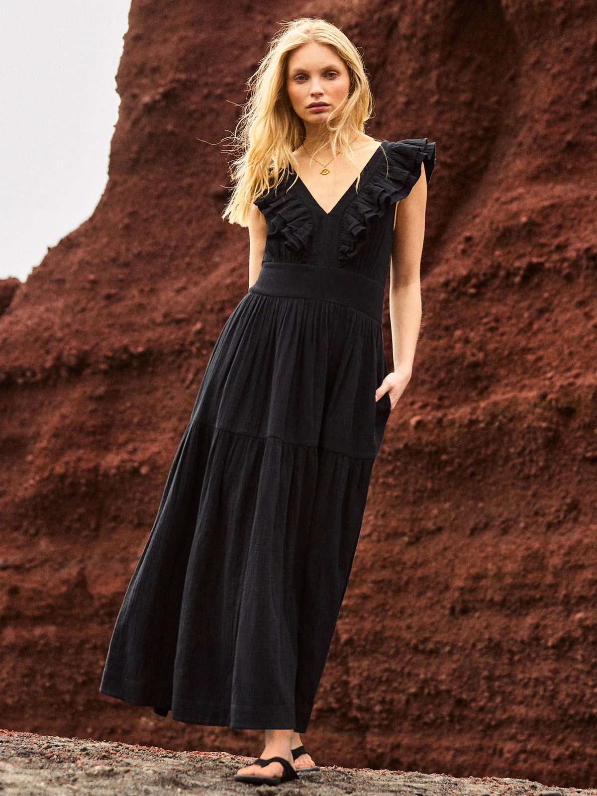 Black Cheesecloth Ruffle V-Neck Midi Dress